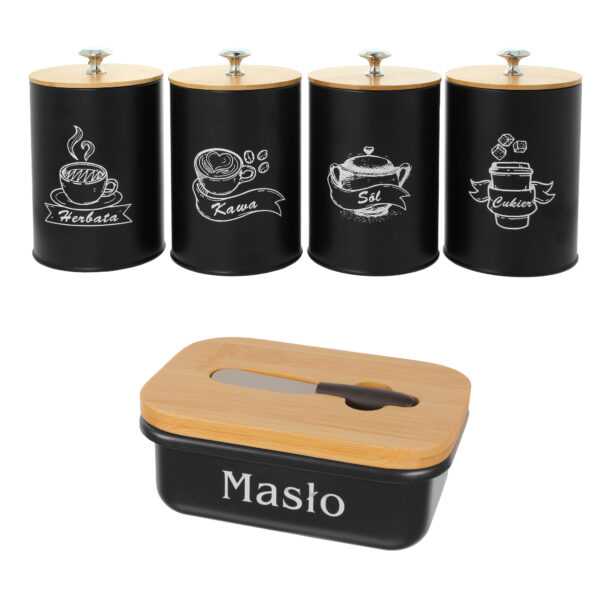 Zestaw 4 pojemników do przechowywania i maselniczka czarny