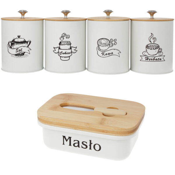 Zestaw 4 pojemników do przechowywania i maselniczka biały