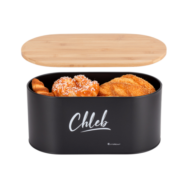 Czarny chlebak z bambusową pokrywą