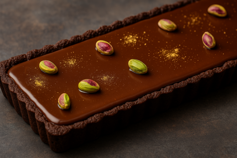 Mazurek Dubajski z pistacjowym nadzieniem i czekoladową polewą - elegancki wielkanocny wypiek w formie do tarty z wyjmowanym dnem.