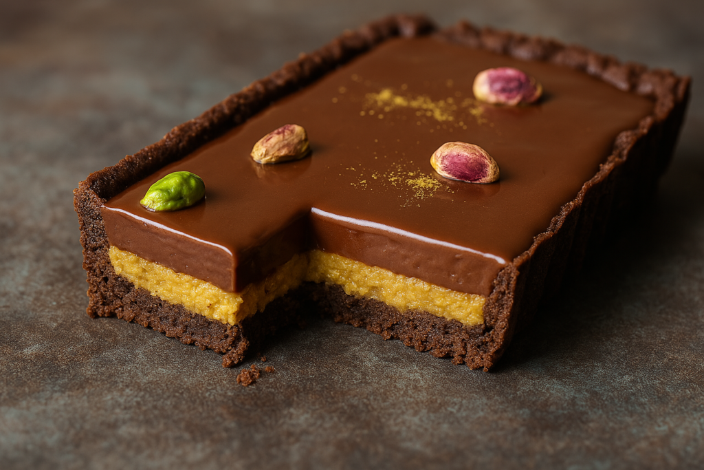 Przekrój Mazurka Dubajskiego - warstwy kruchego ciasta kakaowego, pistacjowego nadzienia i czekoladowej polewy