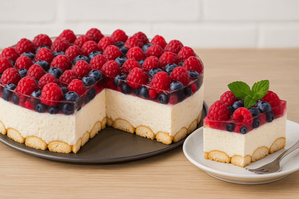 "Sernik na zimno z mascarpone, skyrem i owocami leśnymi – bez pieczenia, na okrągłych biszkoptach, z galaretką malinową i świeżymi owocami"