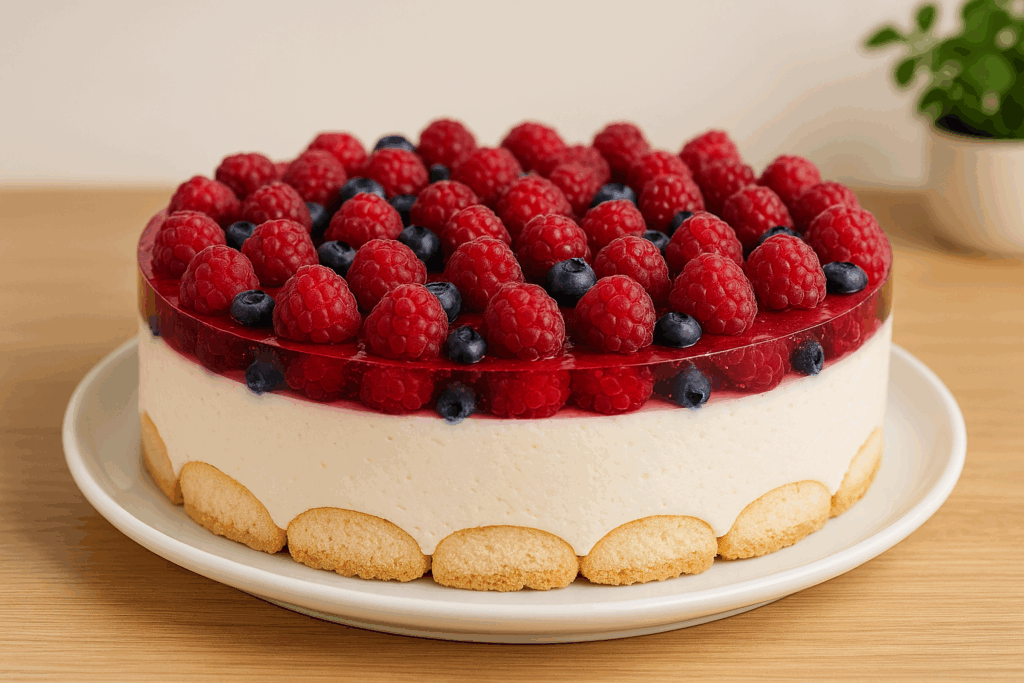 Domowy sernik na zimno z mascarpone, skyrem, malinami i borówkami