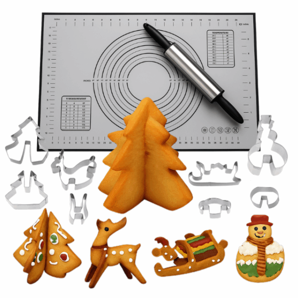 Zestaw do pierniczków 3D (stolnica + wałek + foremki)