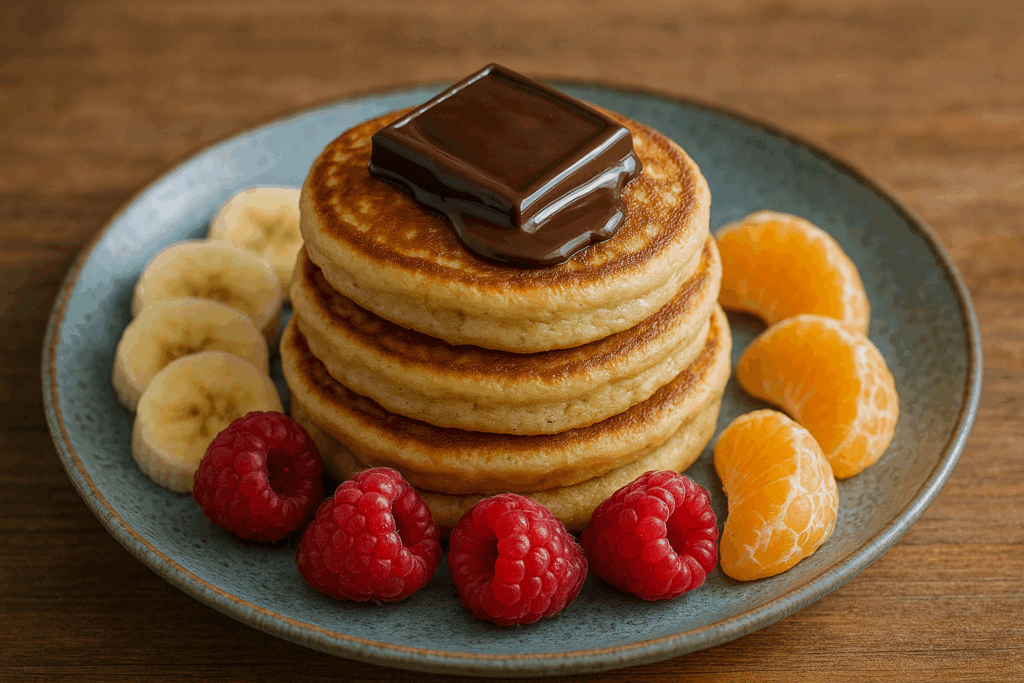 pancakes z mąki migdałowej z mandarynką, babnanem i malinami