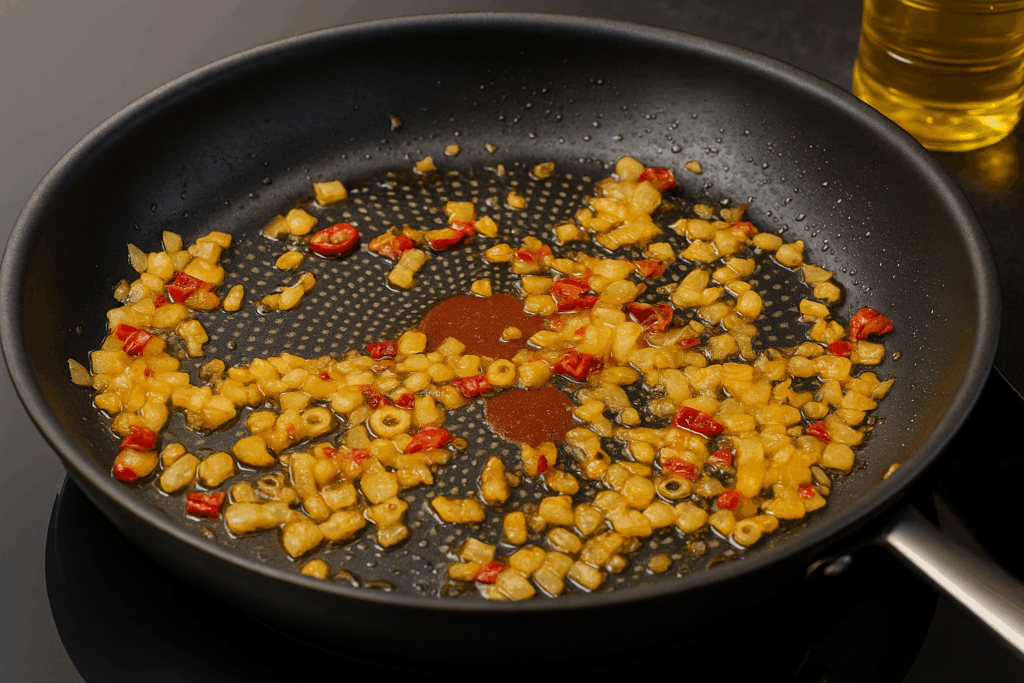 szklenie papryczki chili i cebuli na patelni do szakszuki indyjskiej